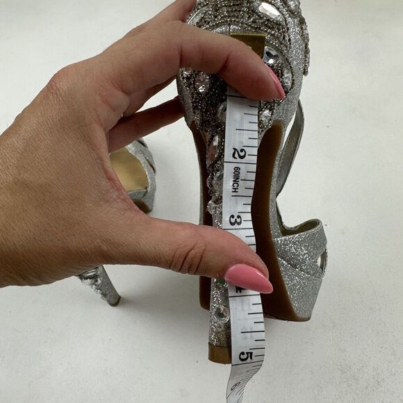 Gianni Bini Silver Glitter Beaded Rhinestone Platform Peep Toe Stiletto Heel 7.5 - Picture 10 of 10